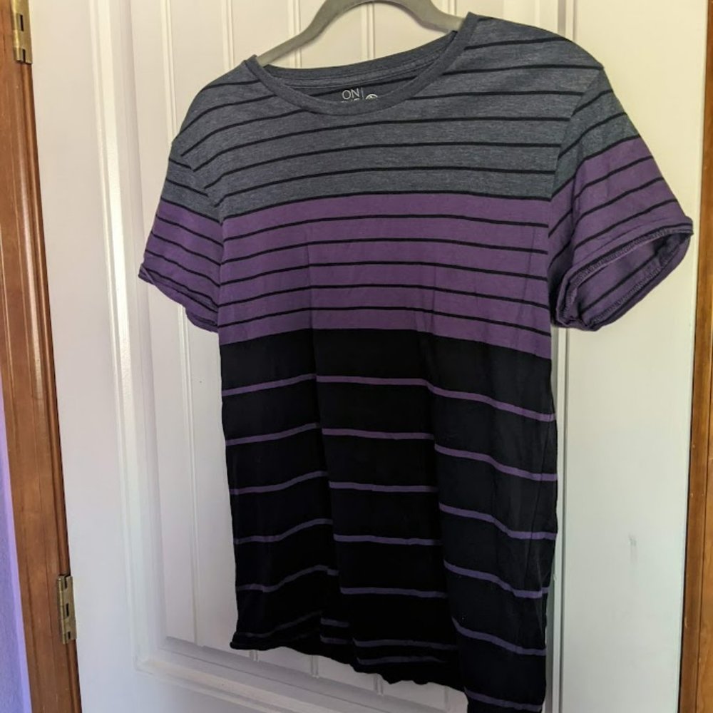 Men's small  striped tshirt purple gray and black